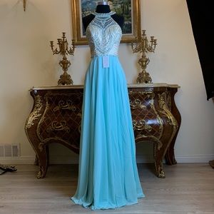 rhinestone open back Illusion bodice formal prom dress